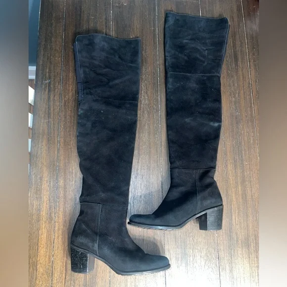 Stuart Weitzman Black Suede Over The Knee OTK Boots Block Heel Lug Sole Side Zip - Picture 2 of 10